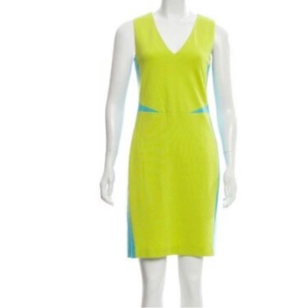 Lisa Perry color block dress Aqua Lime green Sleeveless Size 8 Luxury Stretch